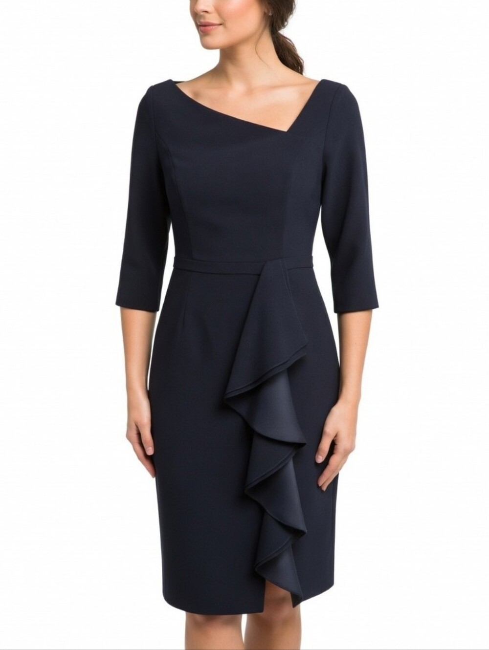 Occasion By Dex Navy Blue Asymmetric Neckline Sheath Dress with Ruffle Detail S